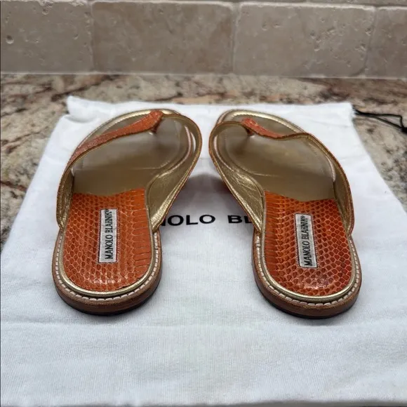 Manolo Blahnik Gold and Orange Sandals with Metallic Finish