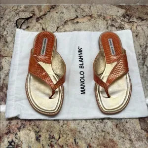 Manolo Blahnik Gold and Orange Sandals with Metallic Finish