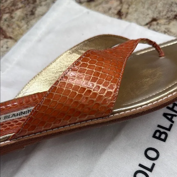 Manolo Blahnik Gold and Orange Sandals with Metallic Finish