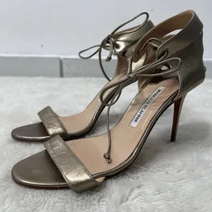 Manolo Blahnik Women's Gold Ankle Leather Stiletto Pumps Heels Sandals 39.5