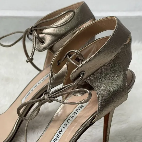 Manolo Blahnik Women's Gold Ankle Leather Stiletto Pumps Heels Sandals 39.5