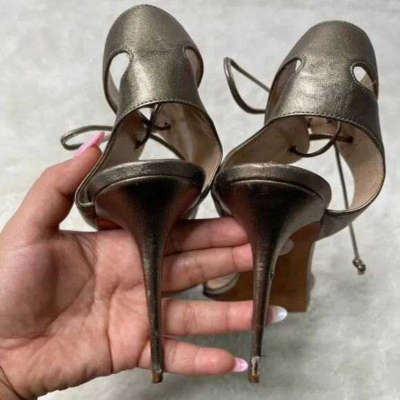 Manolo Blahnik Women's Gold Ankle Leather Stiletto Pumps Heels Sandals 39.5