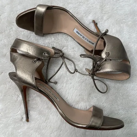 Manolo Blahnik Women's Gold Ankle Leather Stiletto Pumps Heels Sandals 39.5