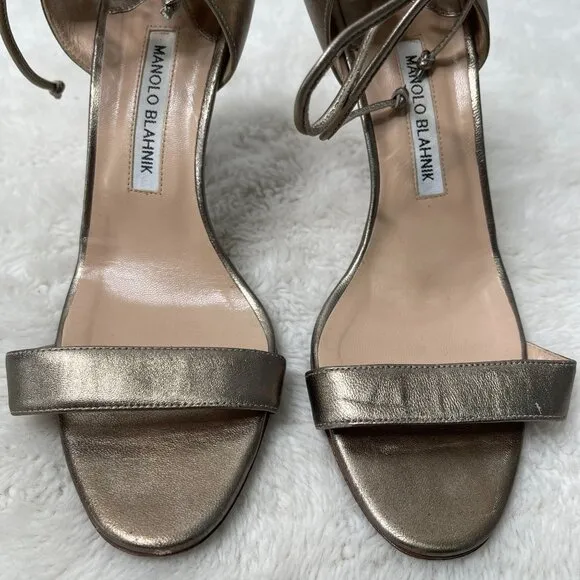 Manolo Blahnik Women's Gold Ankle Leather Stiletto Pumps Heels Sandals 39.5