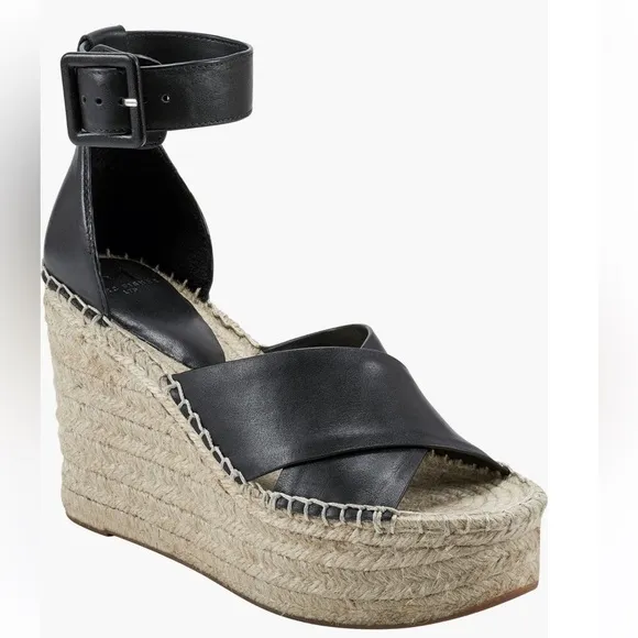 MARC FISHER ❤️‍🔥 BLACK LEATHER ESPADRILLE PLATFORM WEDGE NWT SIZE 10