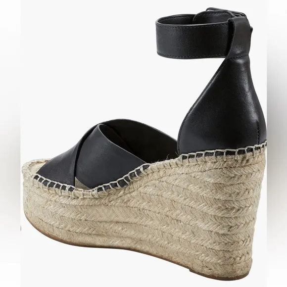 MARC FISHER ❤️‍🔥 BLACK LEATHER ESPADRILLE PLATFORM WEDGE NWT SIZE 10