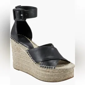 MARC FISHER ❤️‍🔥 BLACK LEATHER ESPADRILLE PLATFORM WEDGE NWT SIZE 10
