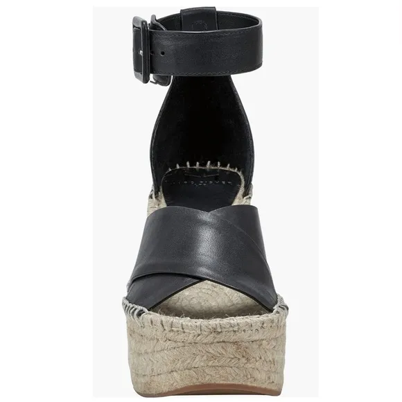 MARC FISHER ❤️‍🔥 BLACK LEATHER ESPADRILLE PLATFORM WEDGE NWT SIZE 10