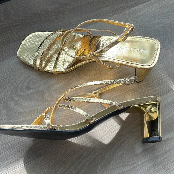 Marc Fisher Hamora Sandals Gold Snake Print Block Asymmetrical Strappy s…