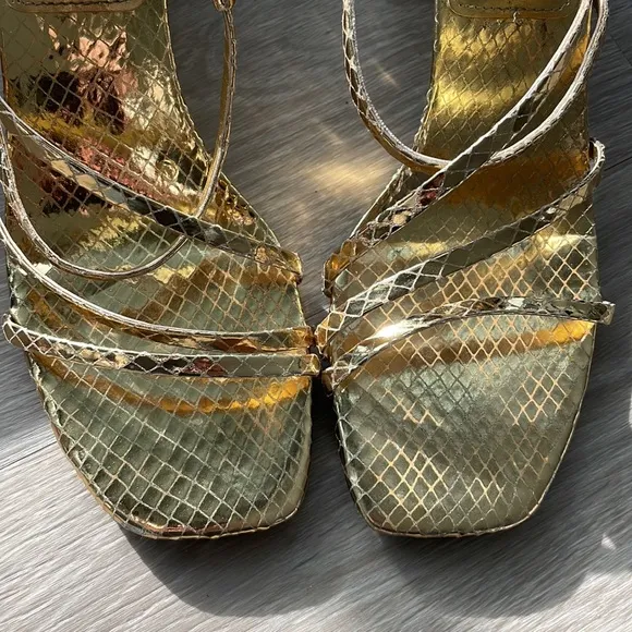 Marc Fisher Hamora Sandals Gold Snake Print Block Asymmetrical Strappy s…