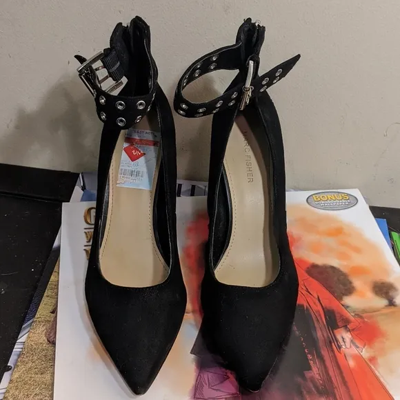 Marc Fisher Womens Dalanna Black Pumps High Block Heels Grommet Ankle Strap 8.5