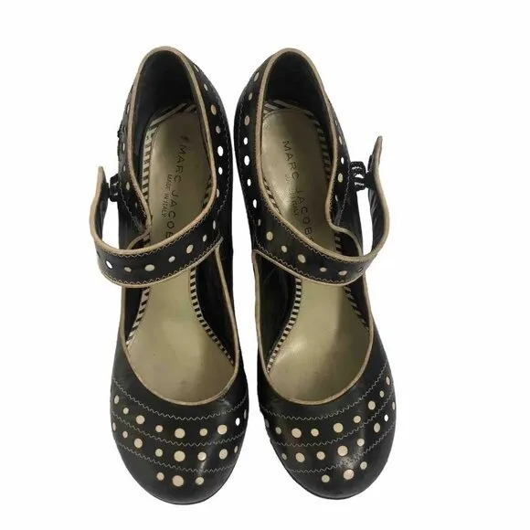 Marc Jacobs Womens Heels Leather Shoes Mary Jane Size 7 Black Poke Dots