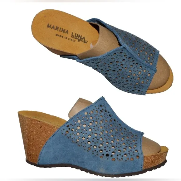 MARINA LUNA COMFORT SZ 7.5 M BLUE PERFORATED LEATHER CORK WEDGE PLATFORM SANDALS