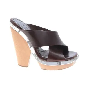 MARNI Chocolate Brown Leather Wood Silver Platform Wedge Sandal Sz 38 EUC