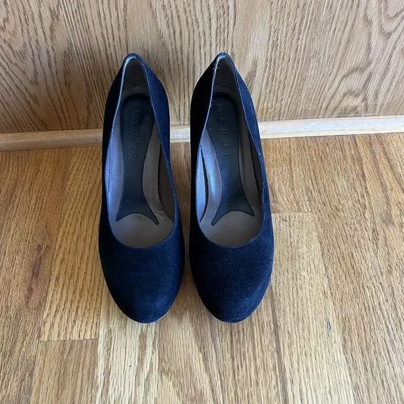 Marni Shoes Black Suede Cone Heel Leather‎ Round Toe 40's Inspire Size 8 38 EU