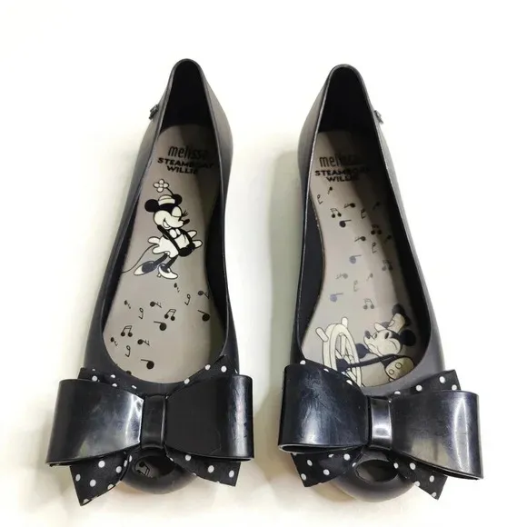 MELISSA Steamboat Willie Mickey Minnie Black Bow Flats Shoes Size 7