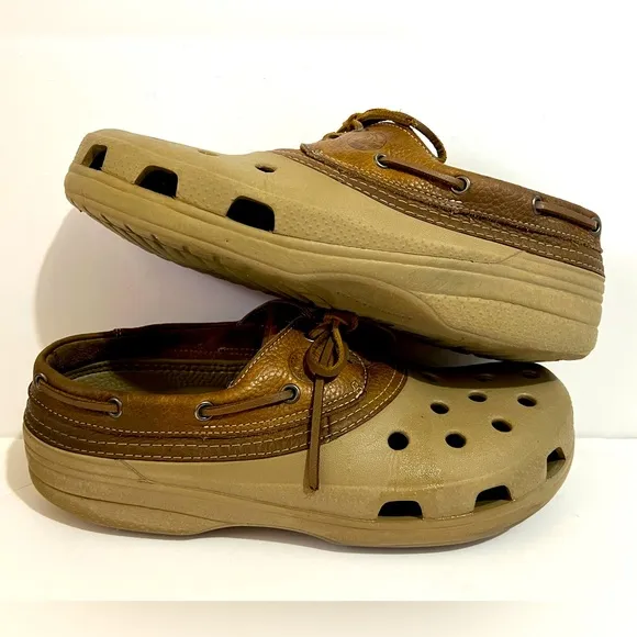 Mens Crocs Pit Crew Islander Boat Shoes Brown/Tan Size 12
