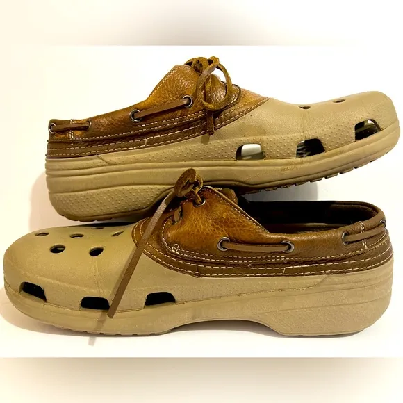 Mens Crocs Pit Crew Islander Boat Shoes Brown/Tan Size 12