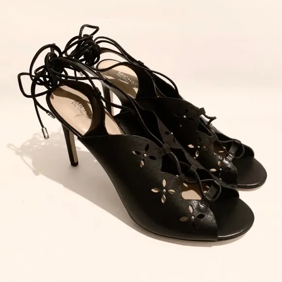MICHAEL KORS THALIA BLACK LEATHER LACE UP SANDALS STILETTO HEELS SHOES PUMPS 9.5