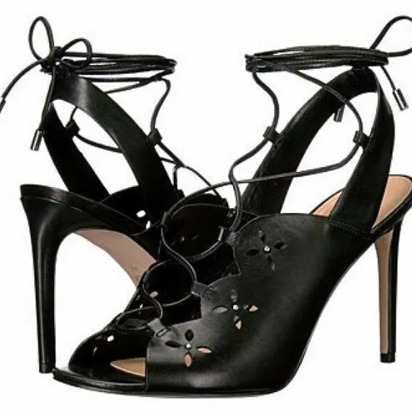 MICHAEL KORS THALIA BLACK LEATHER LACE UP SANDALS STILETTO HEELS SHOES PUMPS 9.5