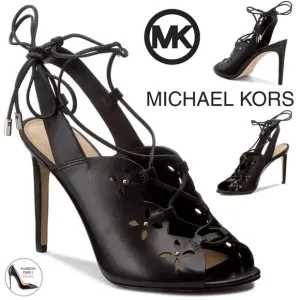 MICHAEL KORS THALIA BLACK LEATHER LACE UP SANDALS STILETTO HEELS SHOES PUMPS 9.5