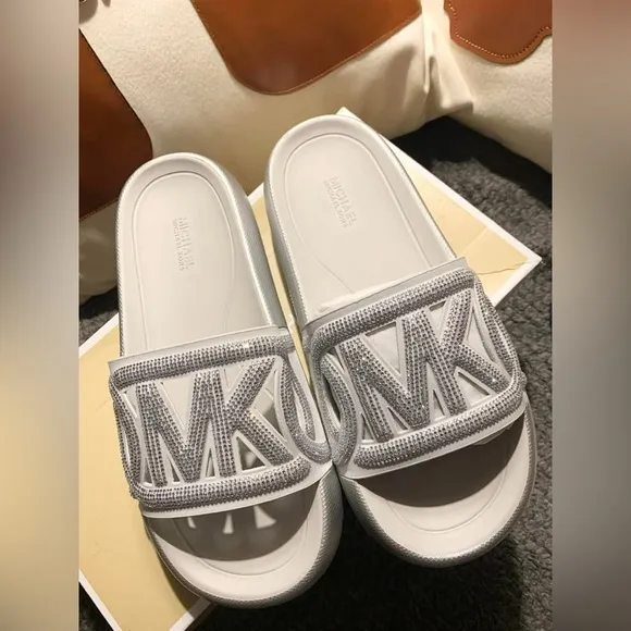 Michael Kors White and Silver Slide Sandals