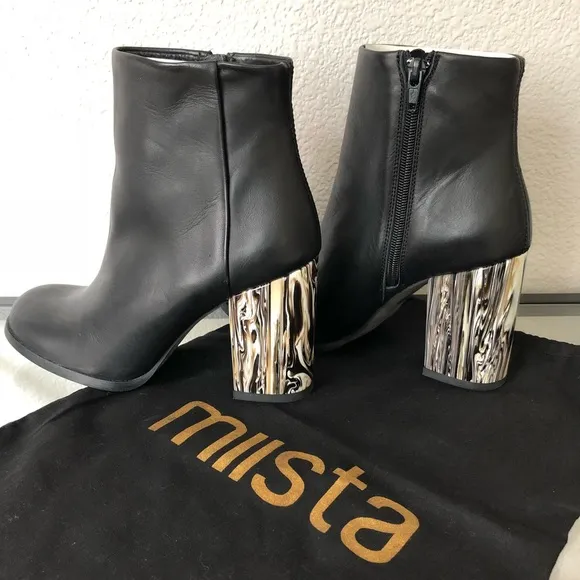 Miista Marble Heel Black Leather Ankle Boots