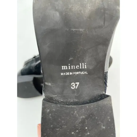 Minelli Paris Ankle Boots Sz 37 Black Leather Suede Strap Booties