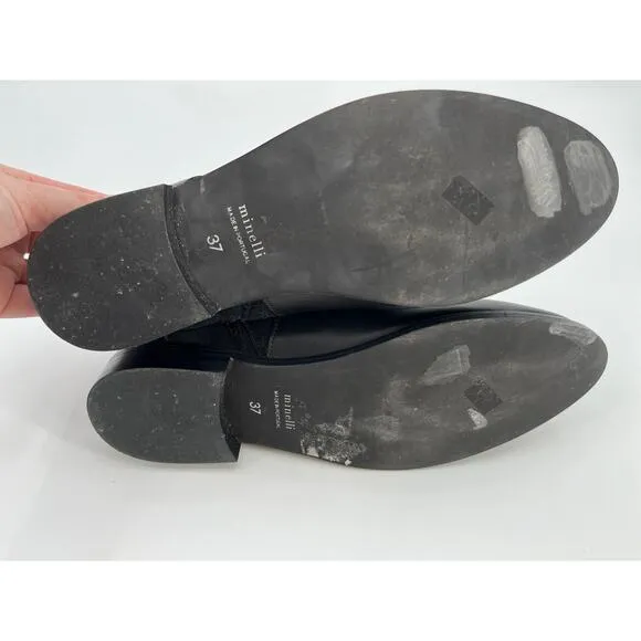 Minelli Paris Ankle Boots Sz 37 Black Leather Suede Strap Booties