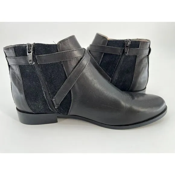 Minelli Paris Ankle Boots Sz 37 Black Leather Suede Strap Booties