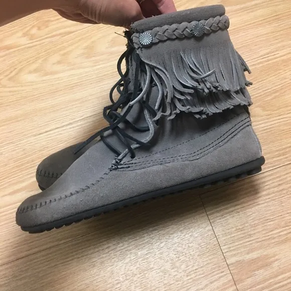 Minnetonka moccasin gray fringe tramper bootie