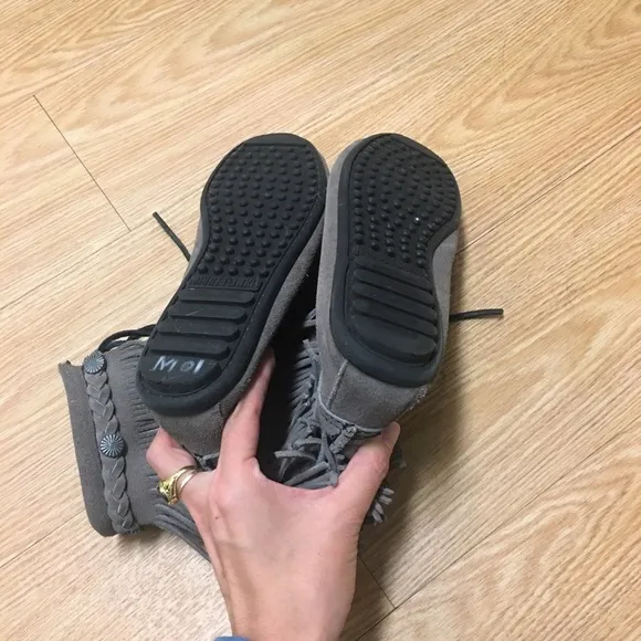 Minnetonka moccasin gray fringe tramper bootie