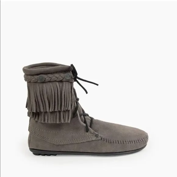 Minnetonka moccasin gray fringe tramper bootie