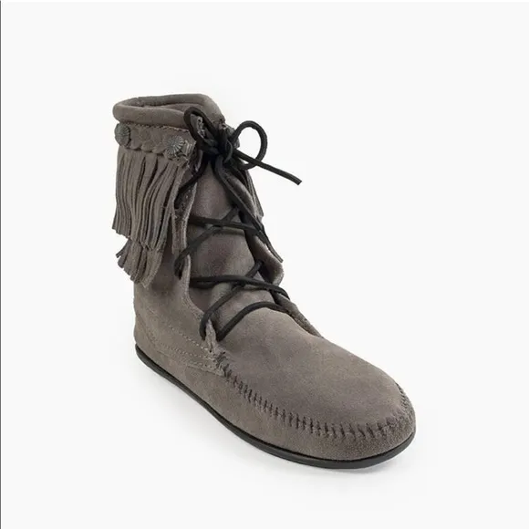 Minnetonka moccasin gray fringe tramper bootie