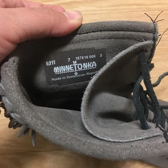 Minnetonka moccasin gray fringe tramper bootie