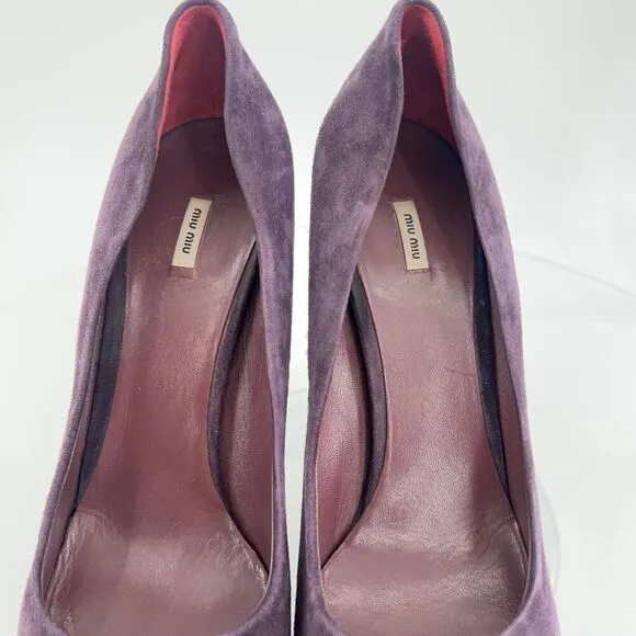 Miu Miu Pumps Women 40 10 Purple Suede Close Toe Shoes High Heels Slip On