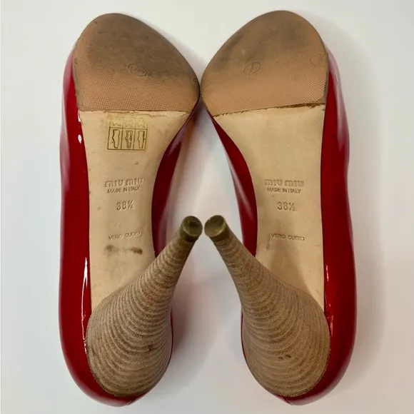 MIU MIU Red Patent Calzature Donna Peep Toe Heels Size EU38.5
