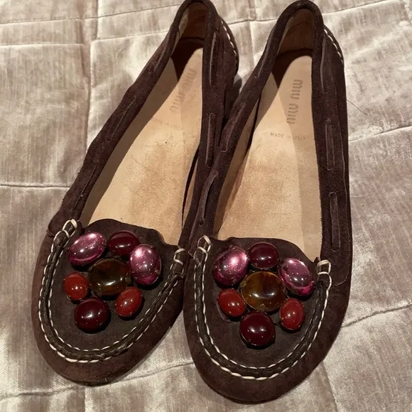 Miu MIU Suede Gemstone Bedazzled Shoes