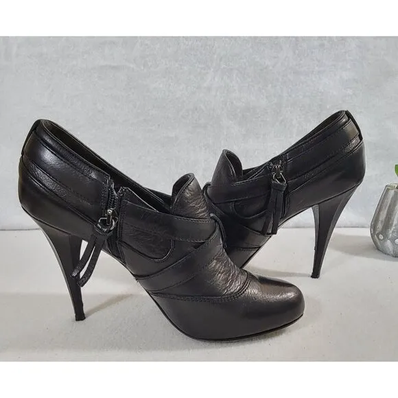 Miu Miu Womens Black Leather Upper Pump Shoes High Heels Side Zip Size 37.5