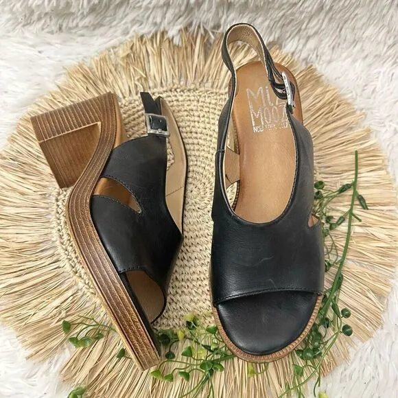 Miz Mooz Maia Black Leather Backstrap Heeled Cut out Sandals size 39 / USA 8.5-9