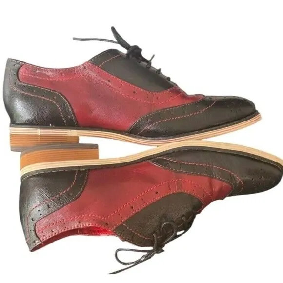 Mona Flying Black Red Leather Lace-Up Brogue Wingtip Derby Shoes Women's 8.5