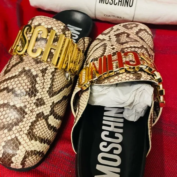 Moschino Snake Print Sandals with Gold Logo