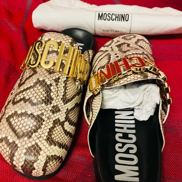 Moschino Snake Print Sandals with Gold Logo