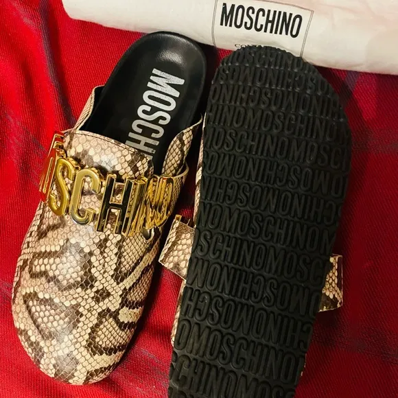 Moschino Snake Print Sandals with Gold Logo