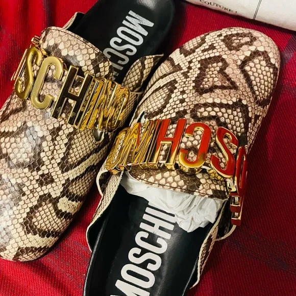 Moschino Snake Print Sandals with Gold Logo