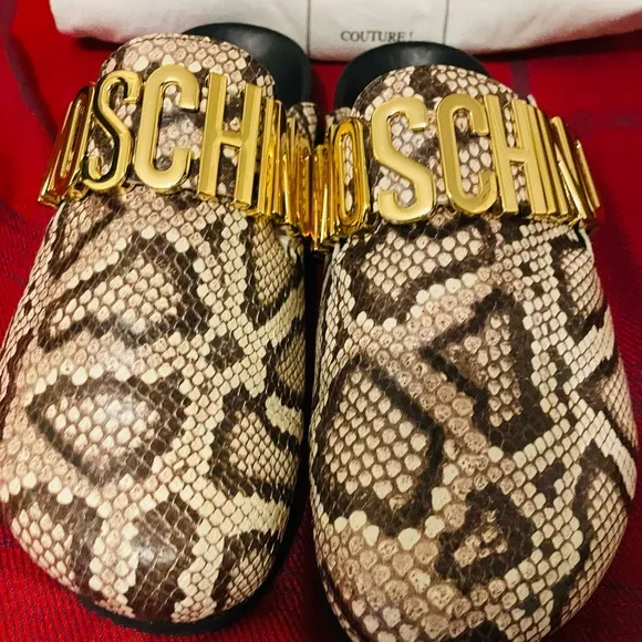 Moschino Snake Print Sandals with Gold Logo