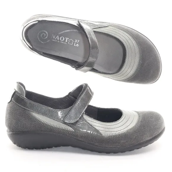 Naot Kirei Suede Leather Mary Jane Flats Loafer Sneaker Women EU 37 Gray/Black