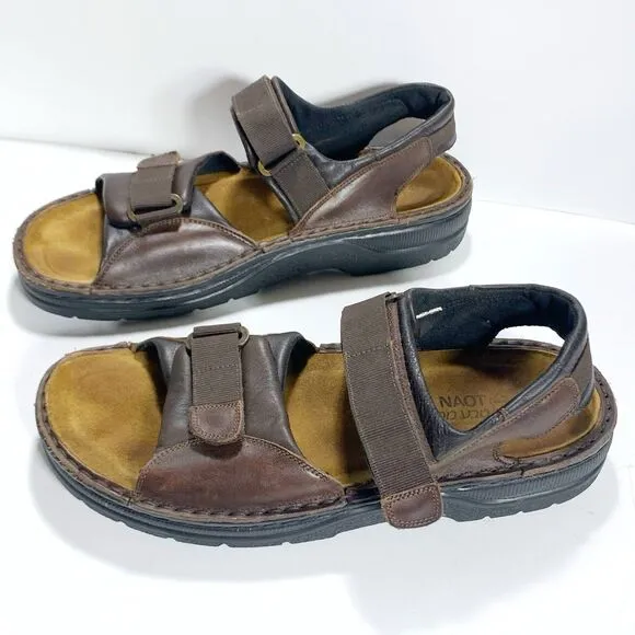 Naot Men Size 43 (US 10/10.5) Walnut Leather Comfort Sandals Hook Loop