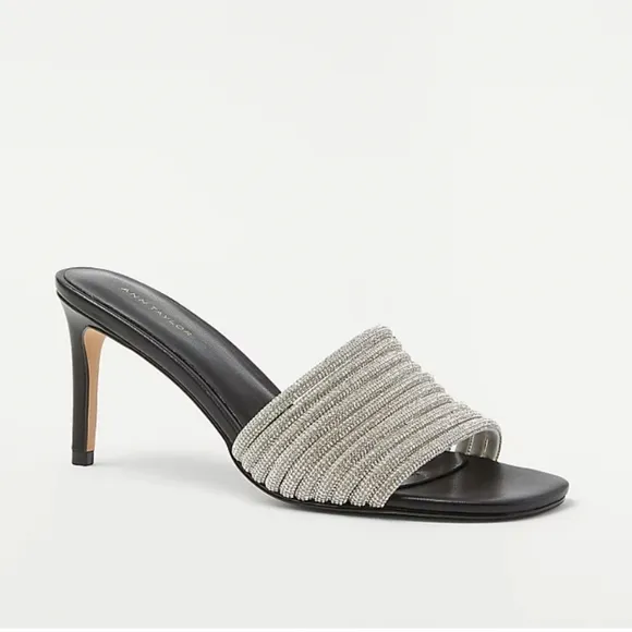 NEW ANN TAYLOR Crystal Tube Black Mule Slide Sandal Heels SIZE 9.5