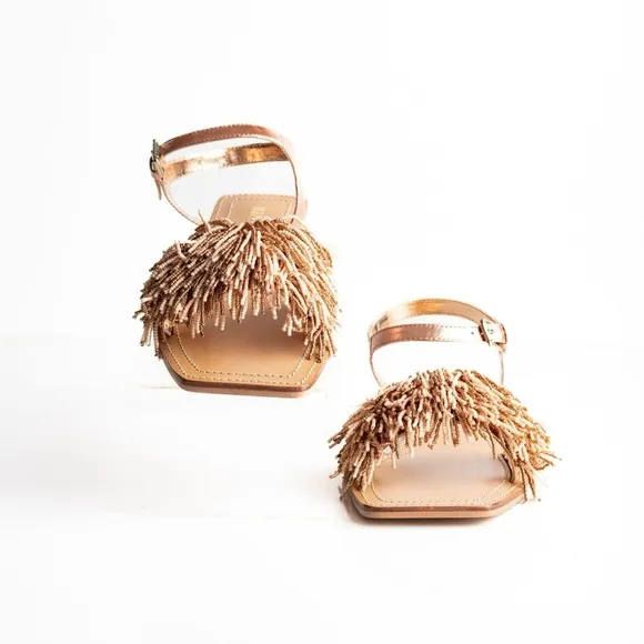 New Anthropologie Maeve Rose Gold Fringe Beaded Sandals Size 9